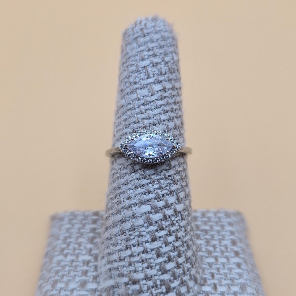 Size 6.5 Sterling Silver Halo Marquise Cubic Zirconia Gem Band Ring A4966